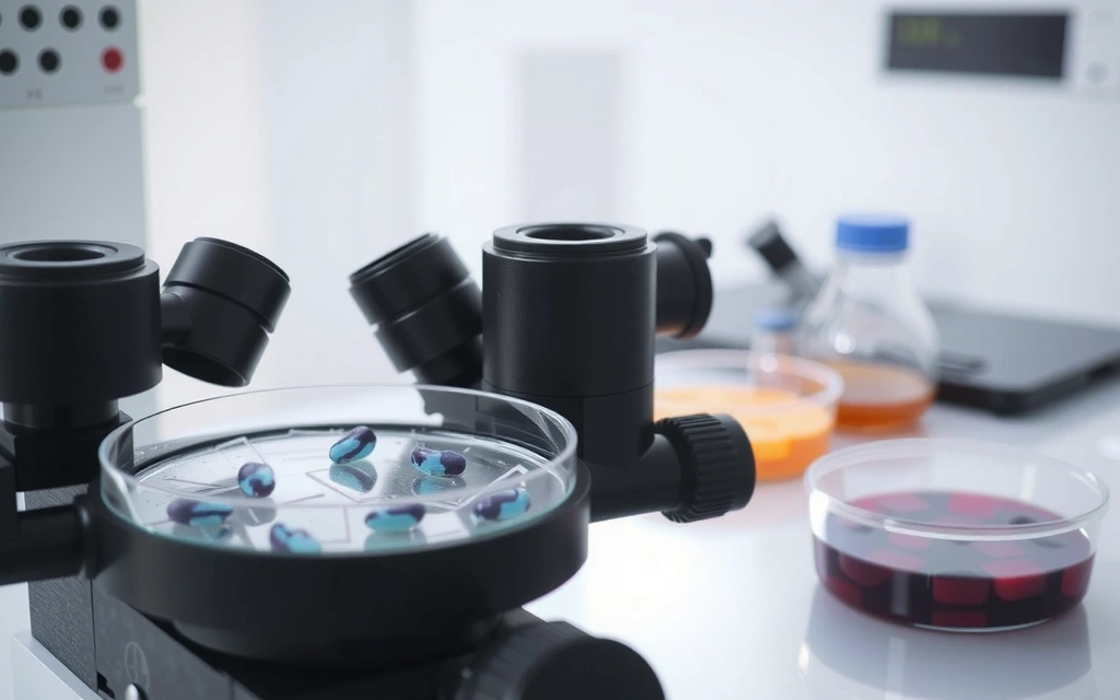 Microscopio y células, simbolizando un estudio científico sobre antioxidantes.