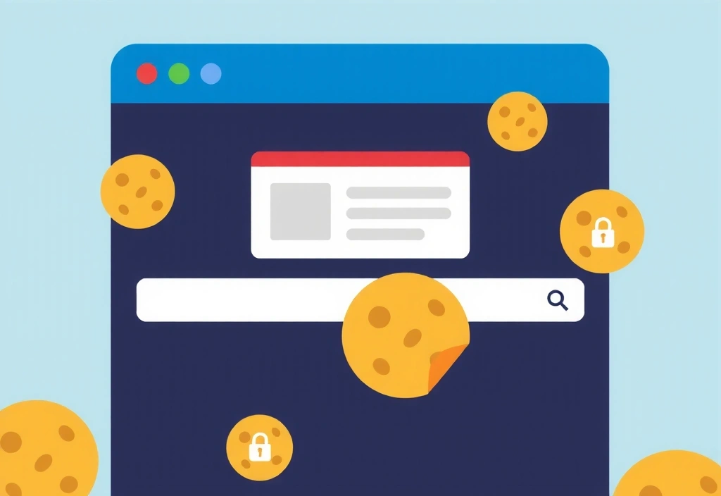 Representación de un navegador web con múltiples cookies flotando, mostrando cómo interactúan con el usuario