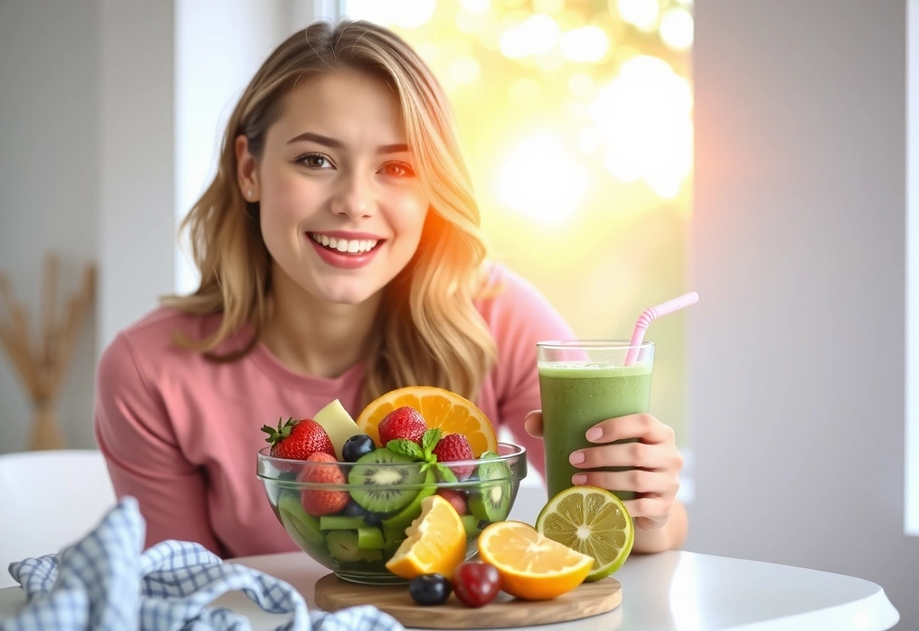 Mujer joven disfrutando de un desayuno saludable con frutas y batidos.