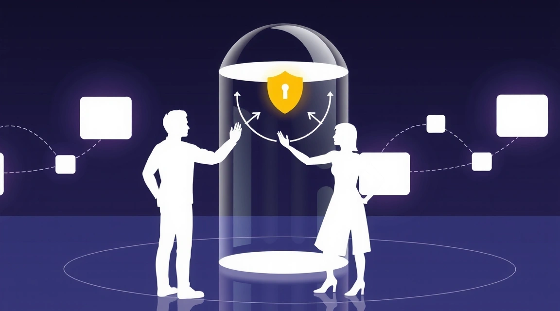 Ilustración de personas interactuando con datos de forma segura y transparente, simbolizando el intercambio controlado de información.