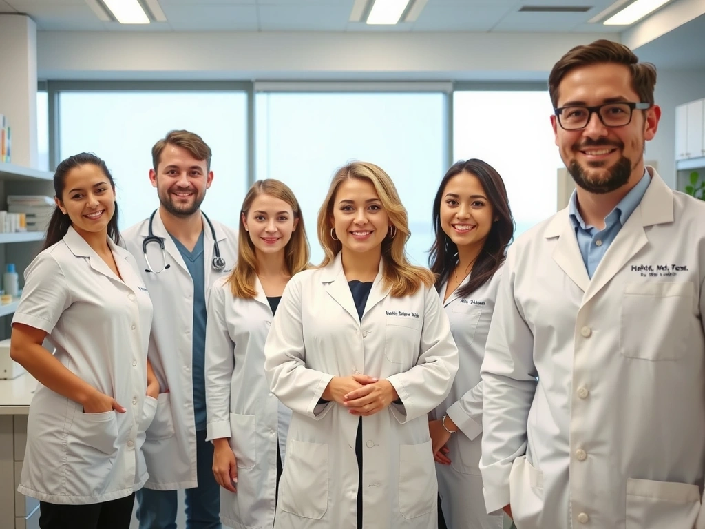 Equipo de expertos sonriendo en un entorno de laboratorio moderno