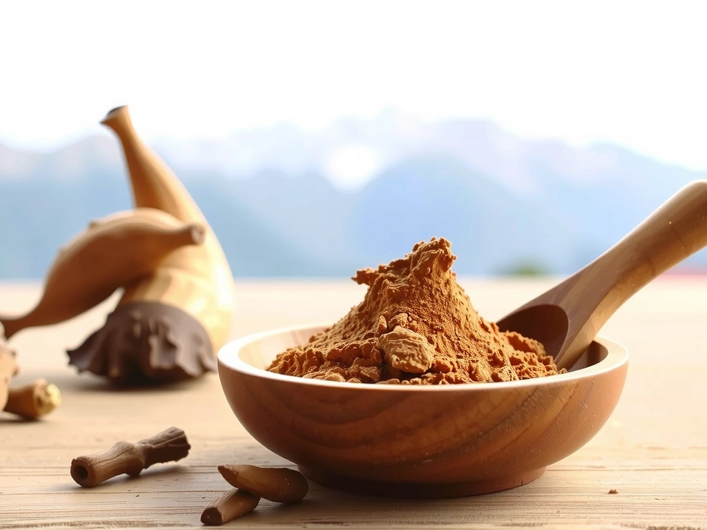 Polvo de maca y raíces de maca secas en un cuenco de madera, con un fondo andino borroso.