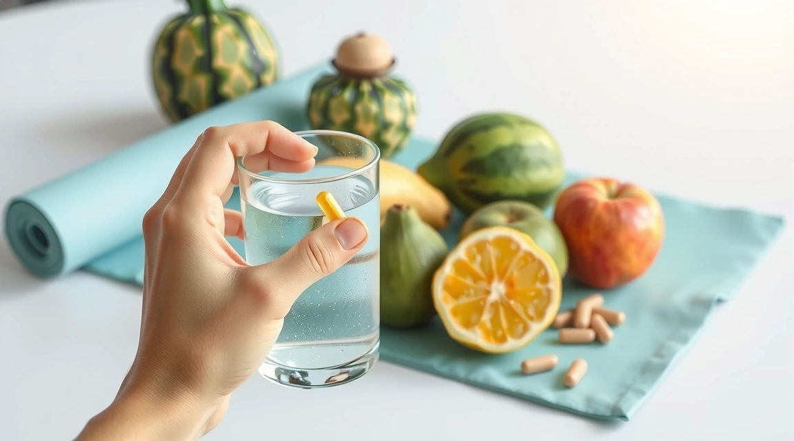 Una persona tomando una cápsula con un vaso de agua, con un estilo de vida saludable en el fondo.