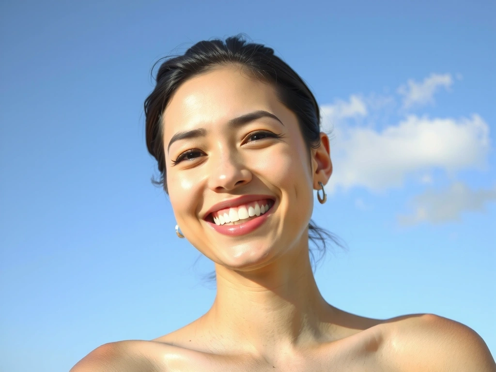 Mujer joven disfrutando del sol con una sonrisa, simbolizando la principal fuente de Vitamina D.
