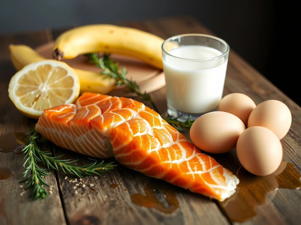 Pescado graso, huevos y productos lácteos fortificados, representando fuentes dietéticas de Vitamina D.