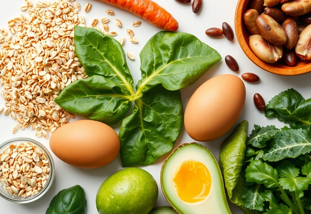 Conjunto de alimentos ricos en Vitaminasnaturalespro B, como cereales integrales y legumbres.